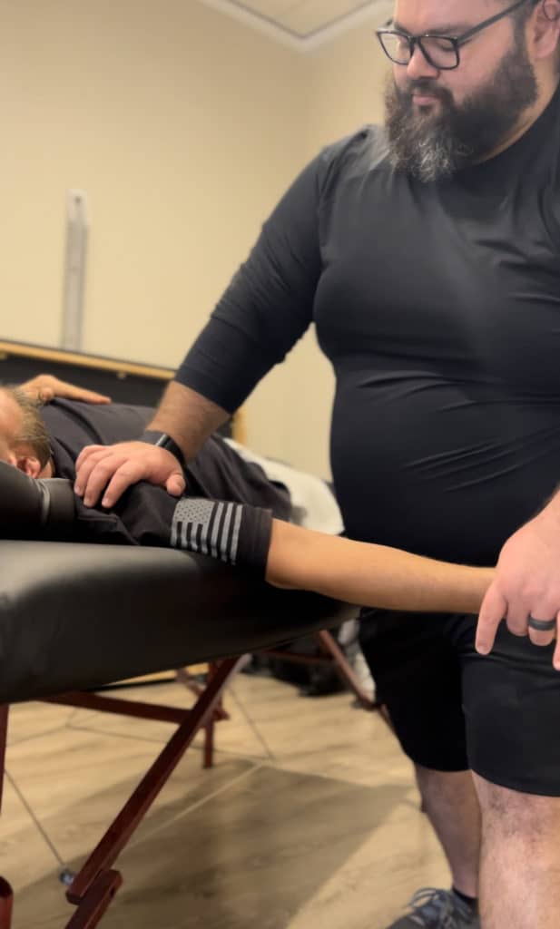 Stretching the pec to help with shoulder range of motion. Fascial stretch therapy is a form of assisted stretching that helps with mobility and can eliminate pain. This is important for seniors to help with day to day lifestyle.